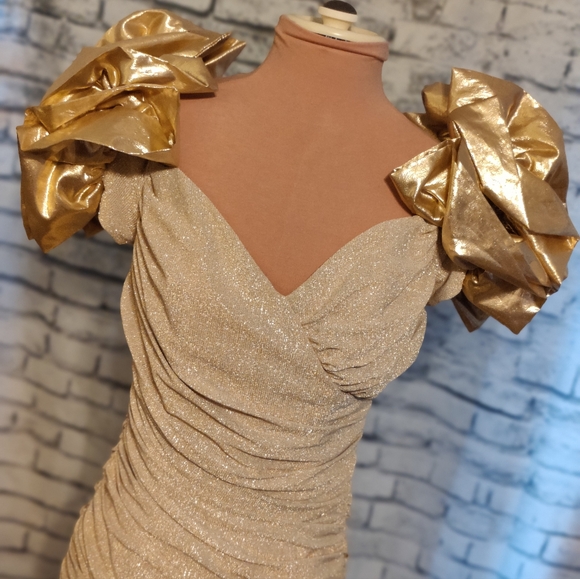 Stunning gold on gold Zum Zum vintage 80s ruched Body Con mini Dress poufy  SM - Picture 2 of 13
